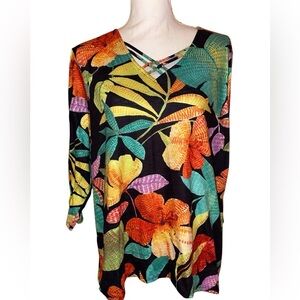 ALFRED DUNNER Island Vibes Sharkbite Tropical Floral Embellishments Top SZ Large
